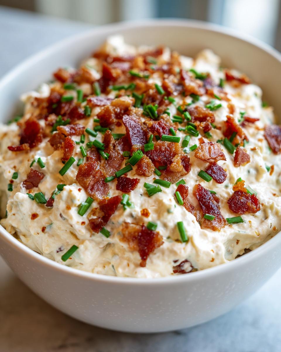 Close-up of a creamy smoked cream cheese dip generously topped with crispy bacon bits and fresh green chives.