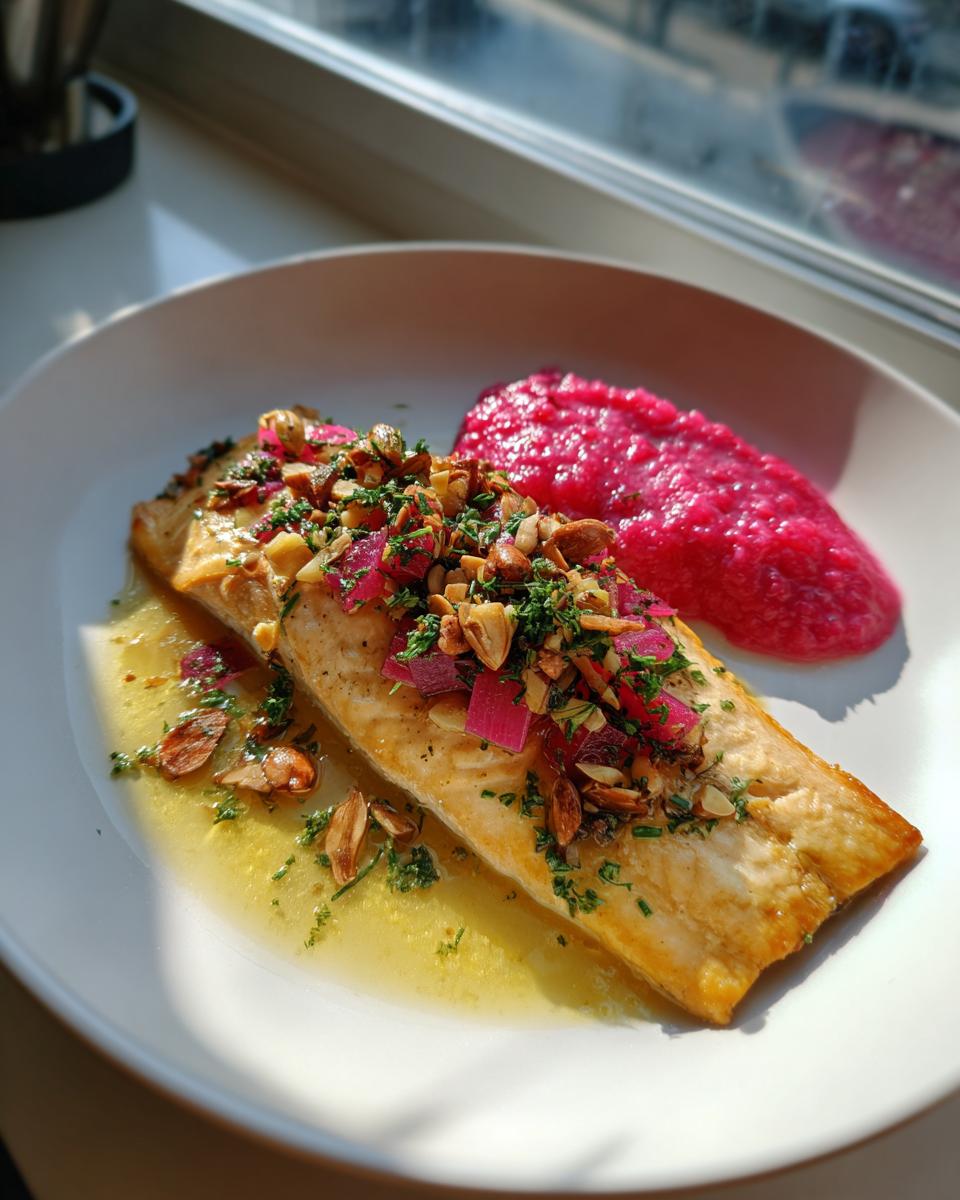 A fillet of Smoked Trout with Brown Butter and Rhubarb topping served on a white plate with a side of bright pink puree.