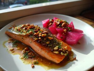 A fillet of Smoked Trout with Brown Butter and Rhubarb, topped with chopped nuts and herbs, served on a white plate.