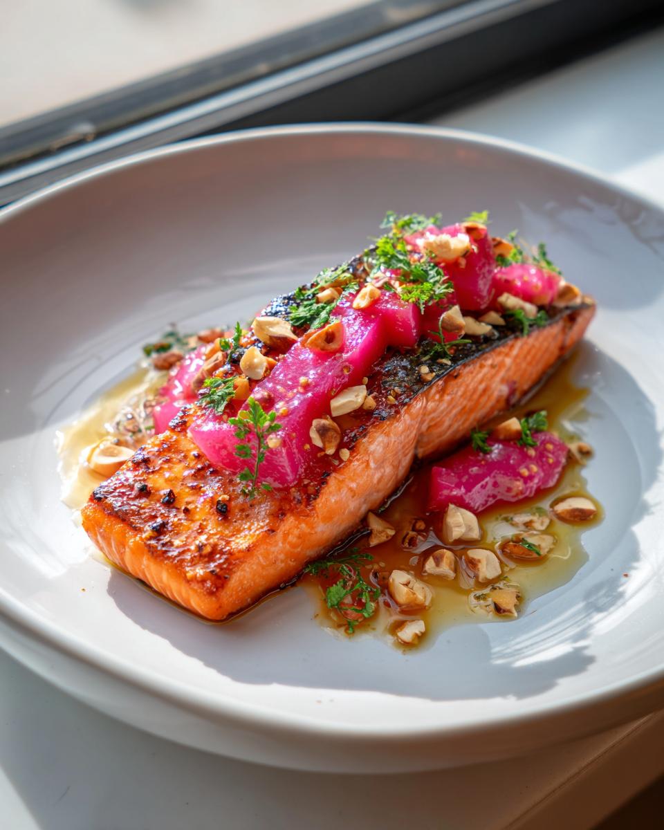 A perfectly cooked fillet of Smoked Trout with Brown Butter and Rhubarb, topped with bright pink rhubarb pieces and chopped nuts.