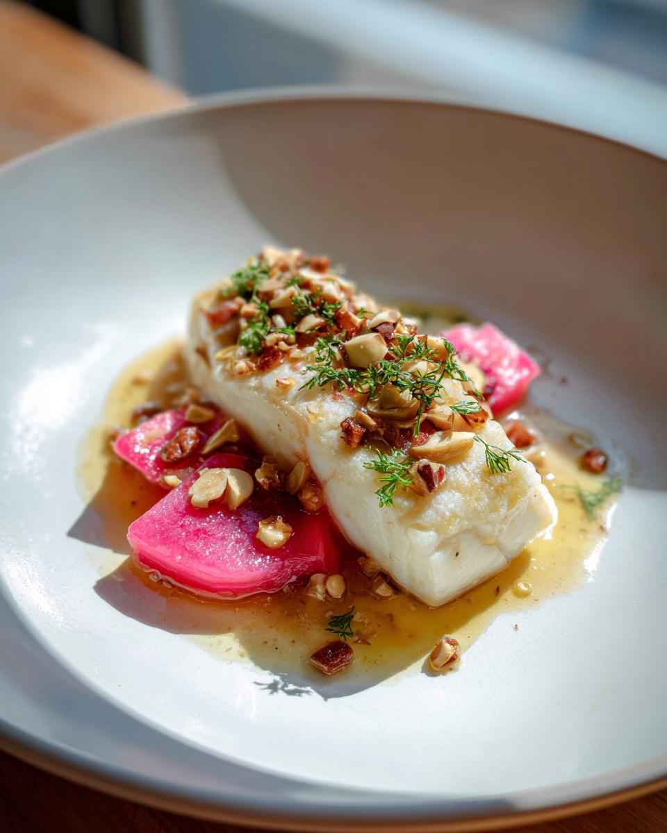 A perfectly cooked fillet of Smoked Trout with Brown Butter and Rhubarb, topped with nuts and herbs on a white plate.