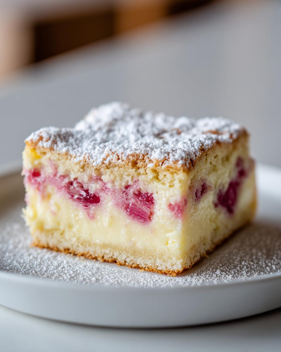 A close-up of a square slice of Sour Cream Rhubarb Squares with Lemon, topped with powdered sugar.