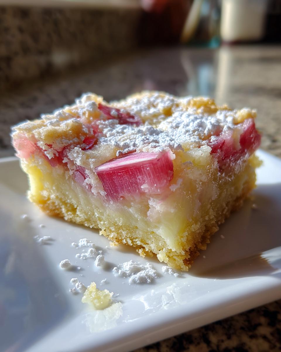 Close-up of a single serving of Sour Cream Rhubarb Squares with Lemon, topped with powdered sugar.