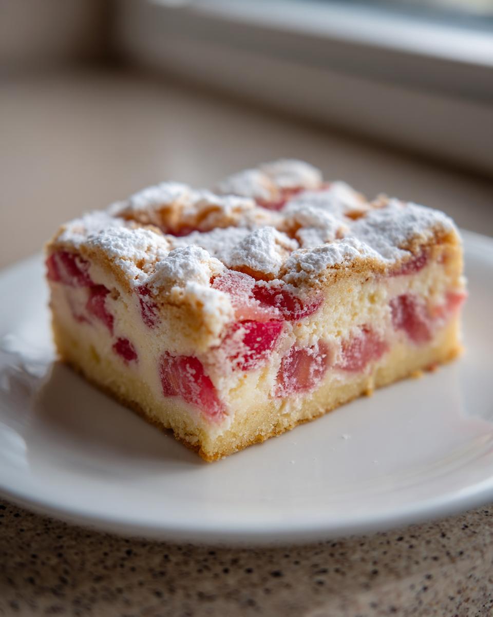 A square slice of Sour Cream Rhubarb Squares with Lemon, topped with powdered sugar.