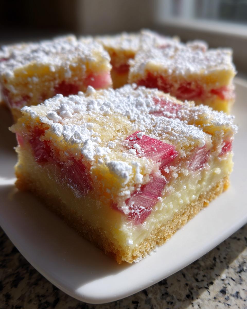 Close-up of a square piece of Sour Cream Rhubarb Squares with Lemon, topped with powdered sugar.