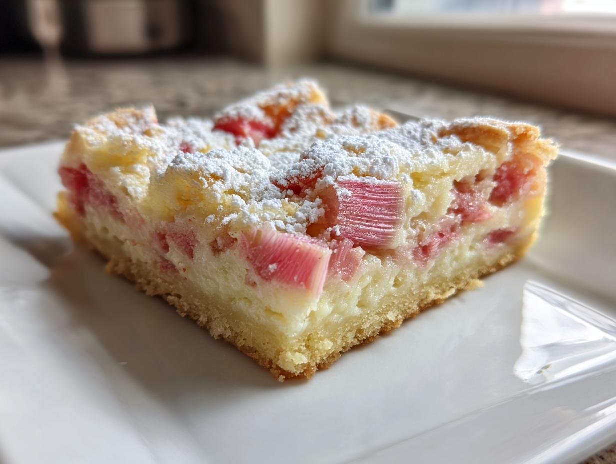 Close-up of a single serving of Sour Cream Rhubarb Squares with Lemon, topped with powdered sugar.