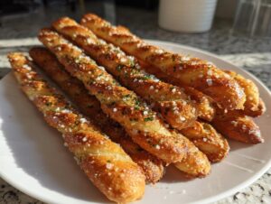 A pile of golden brown, twisted sourdough discard breadsticks topped with coarse sea salt and herbs on a white plate.
