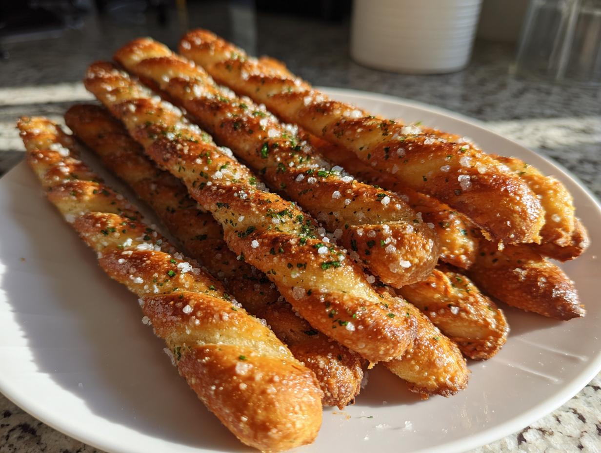 A pile of golden brown, twisted sourdough discard breadsticks topped with coarse sea salt and herbs on a white plate.