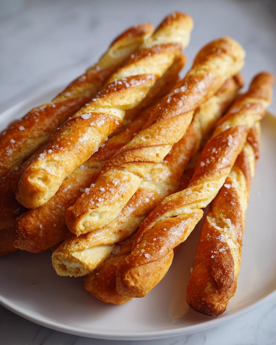 A pile of golden brown, twisted sourdough discard breadsticks sprinkled with coarse sea salt on a white plate.