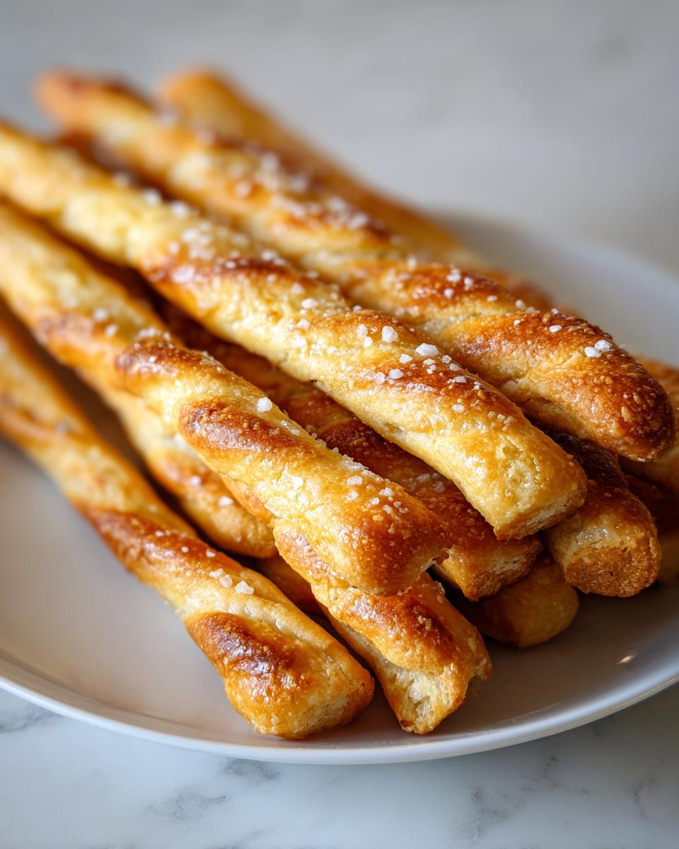A close-up of golden brown, twisted sourdough discard breadsticks sprinkled with coarse sea salt on a white plate.