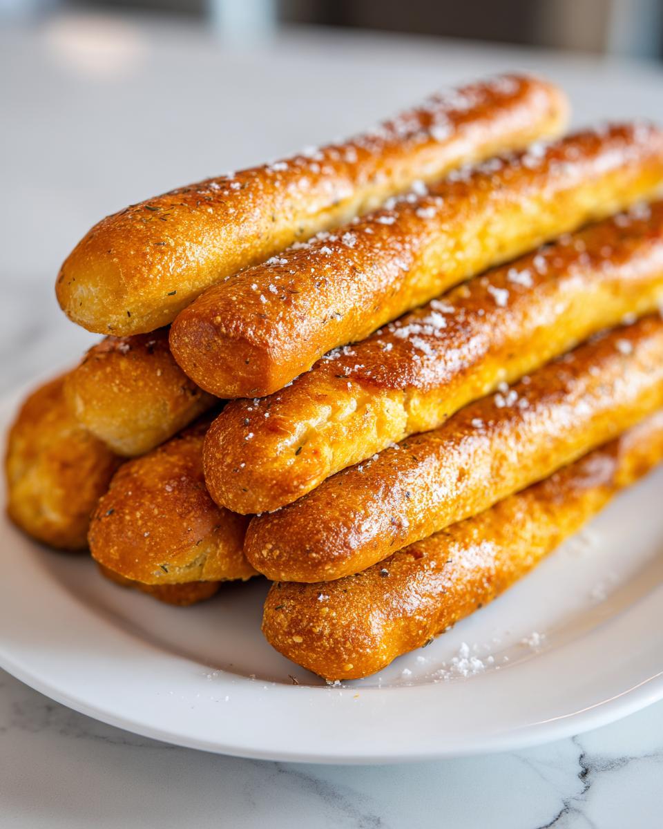 A stack of golden brown sourdough discard breadsticks sprinkled with coarse salt and herbs on a white plate.