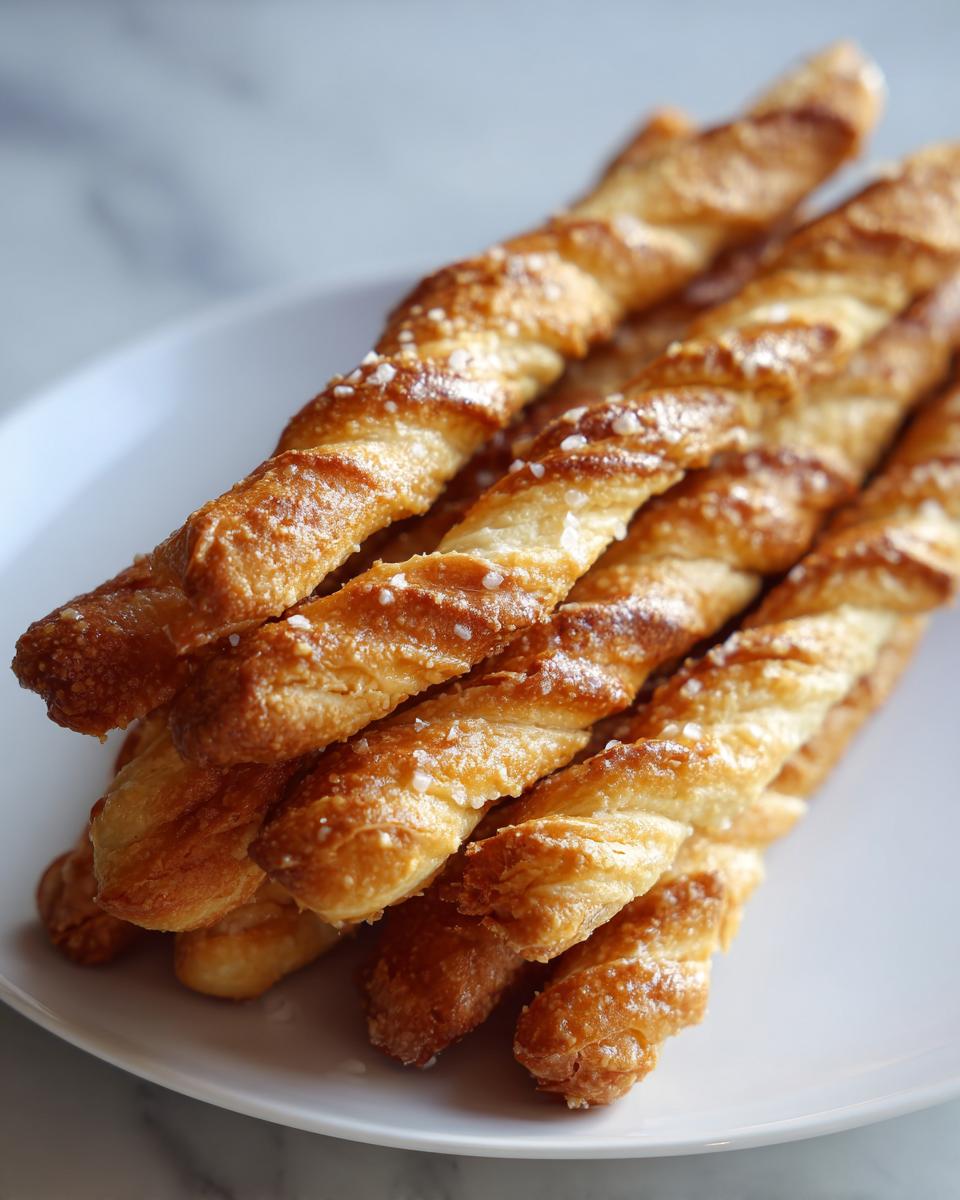 A stack of golden, flaky sourdough discard breadsticks sprinkled with coarse sea salt on a white plate.