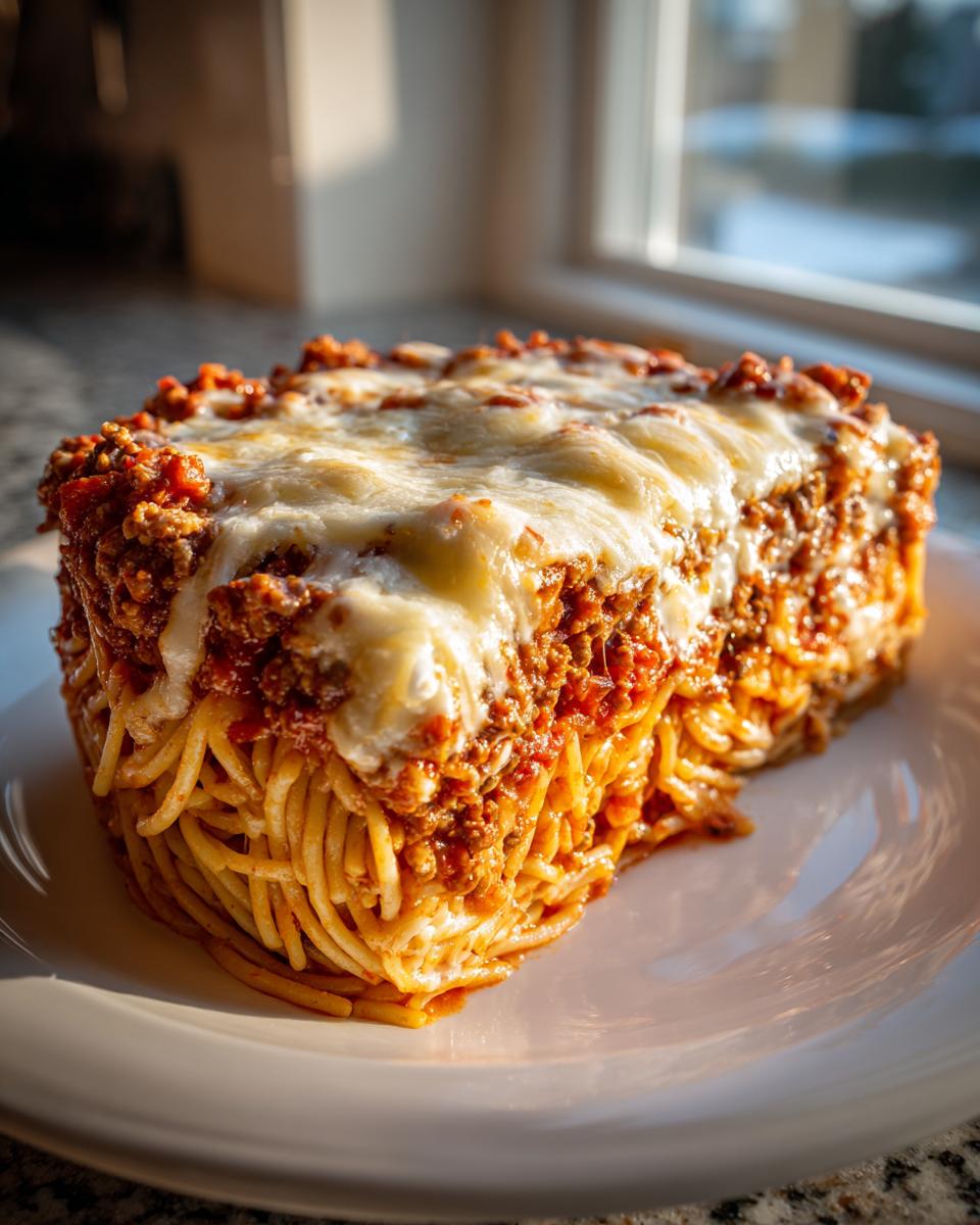 A tall, perfectly cut slice of spaghetti pie topped with rich meat sauce and melted mozzarella cheese.