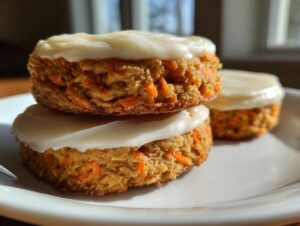 Two stacked, round carrot cake cookies topped with thick cream cheese frosting, with another cookie blurred in the background.