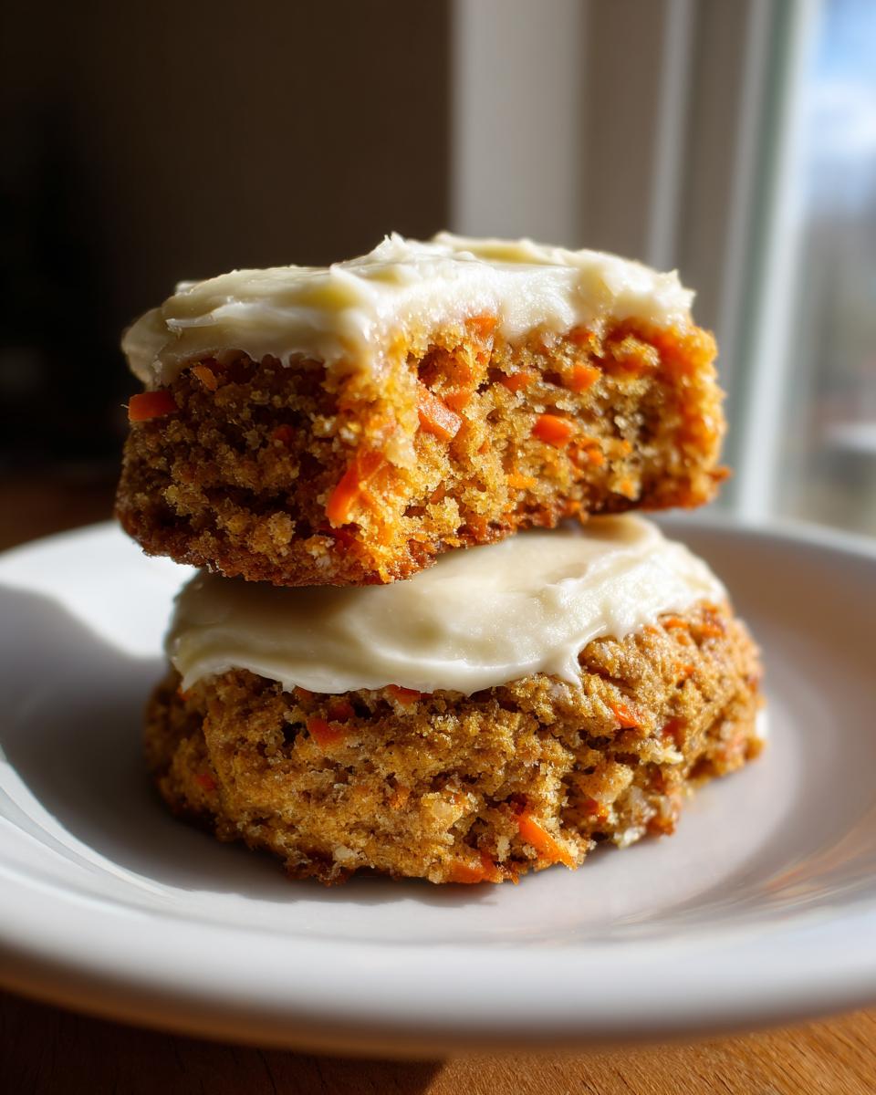 Two stacked carrot cake cookies topped with thick cream cheese frosting, showing the texture of the carrot cake cookies.