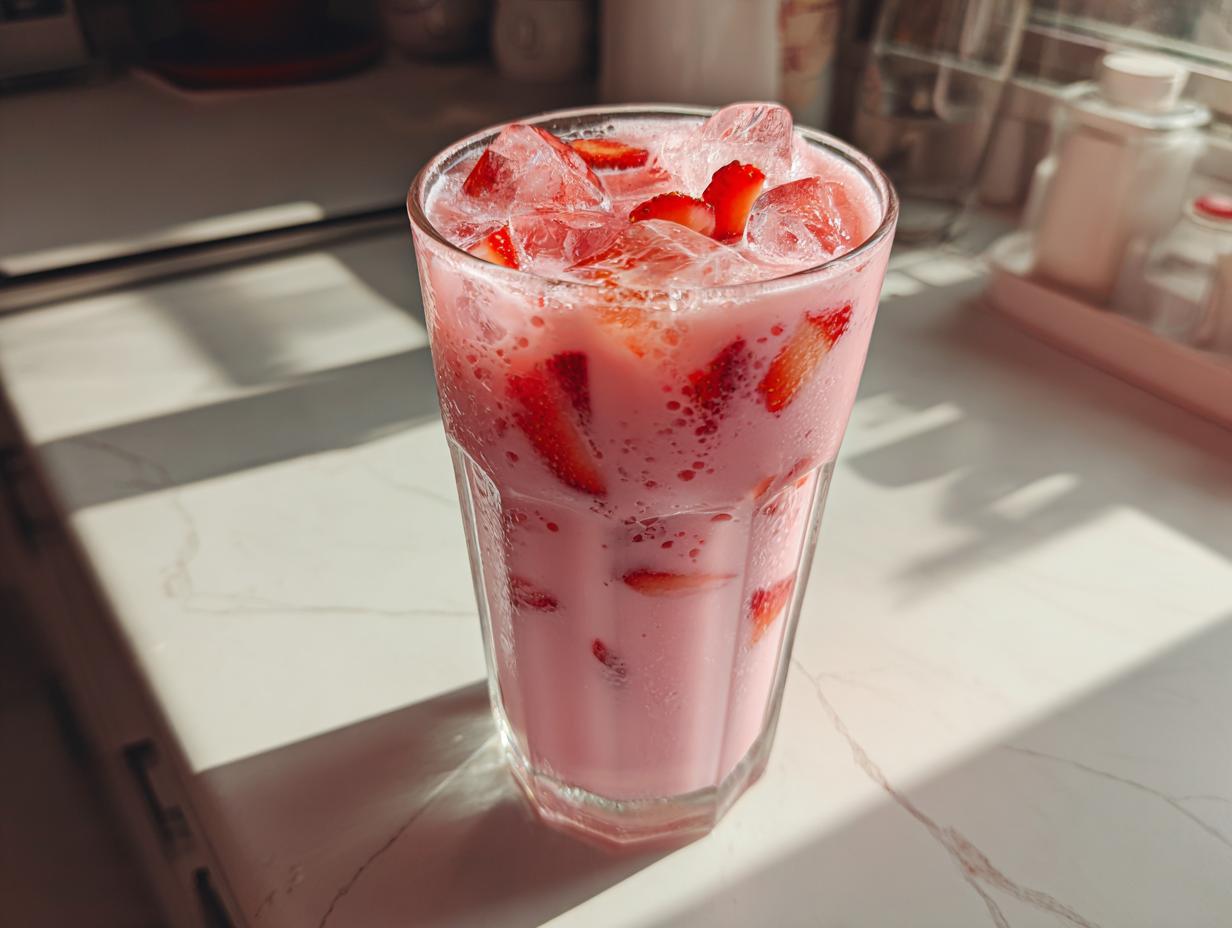 A tall glass filled with the pink drink, ice, and sliced strawberries, sitting on a bright white counter.