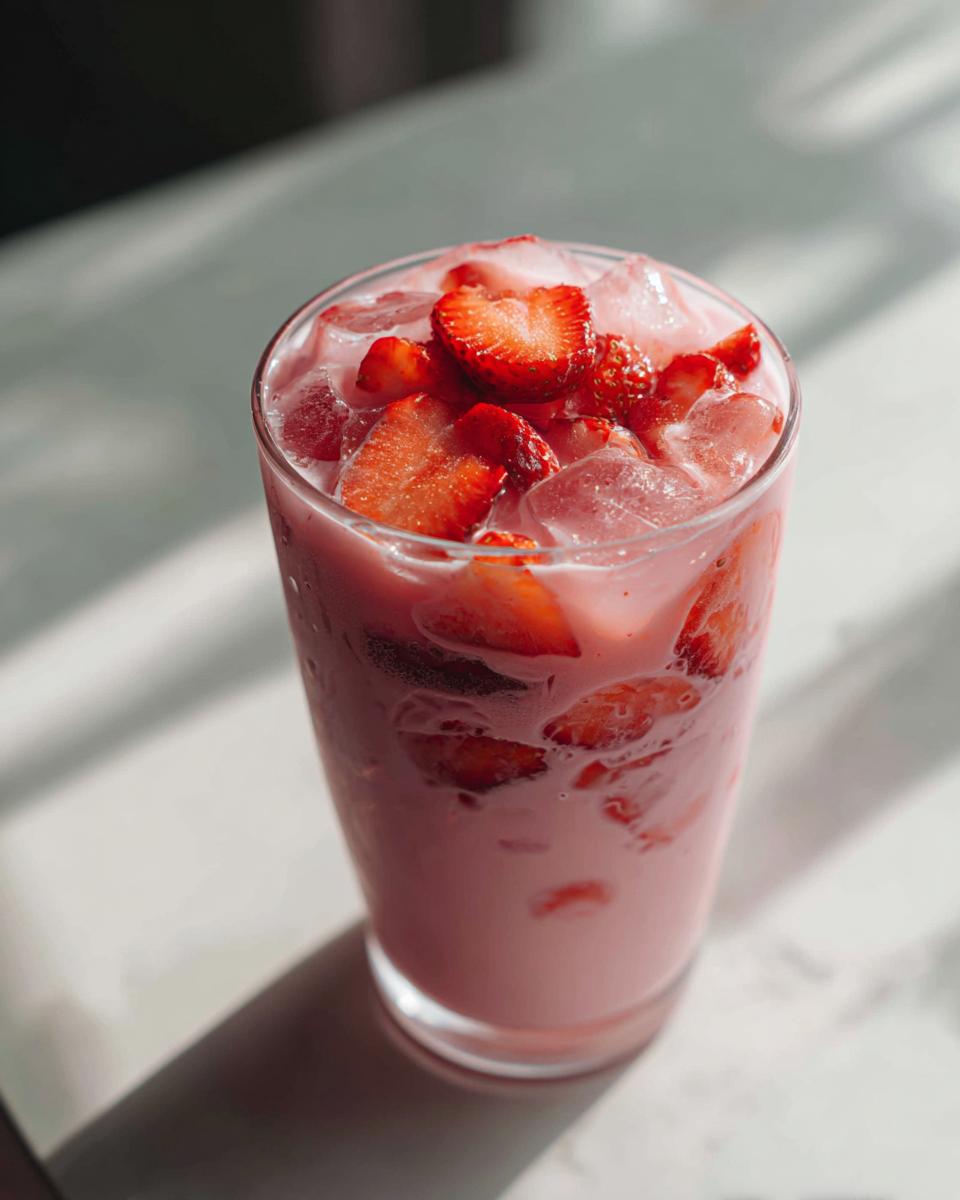 Close-up of a tall glass filled with the pink drink, ice, and sliced strawberries, resembling the Starbucks pink drink.