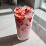 A tall glass filled with a creamy, pink Starbucks Pink Drink layered with ice and fresh strawberry slices.