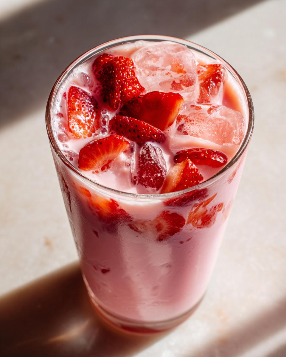 Close-up of a tall glass filled with the pink drink, ice cubes, and fresh sliced strawberries, resembling the Starbucks pink drink.