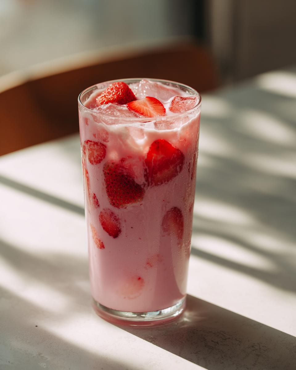 A tall glass of Starbucks pink drink filled with ice and slices of fresh strawberries.