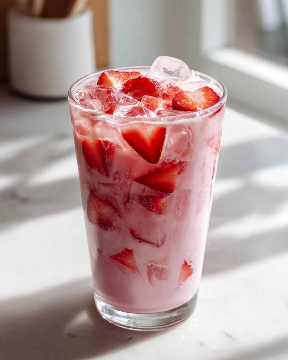 Close-up of a tall glass filled with the Starbucks Pink Drink, showing pink coconut milk, ice, and sliced fresh strawberries.