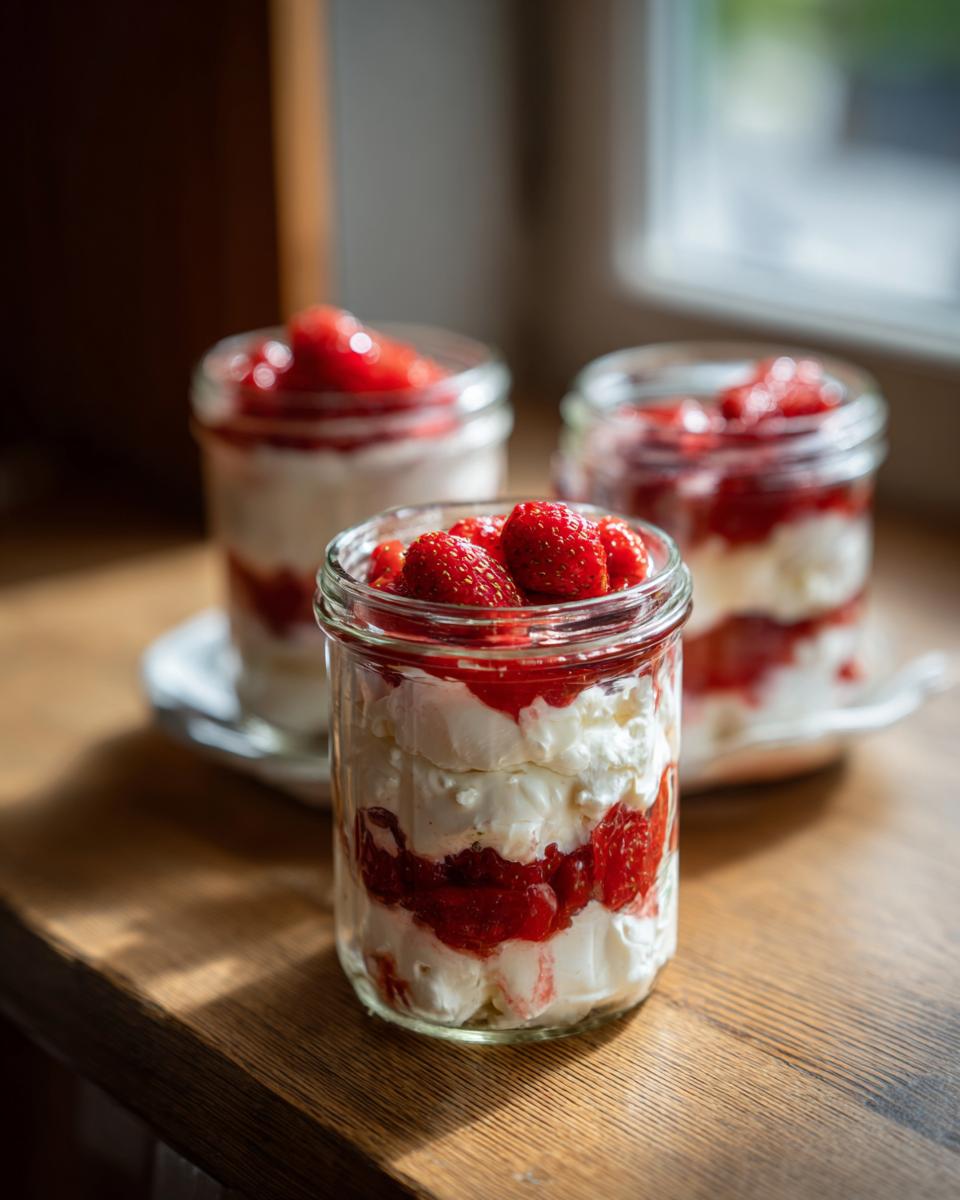 Three layered jars of high-protein cottage cheese dessert with strawberries and cream.