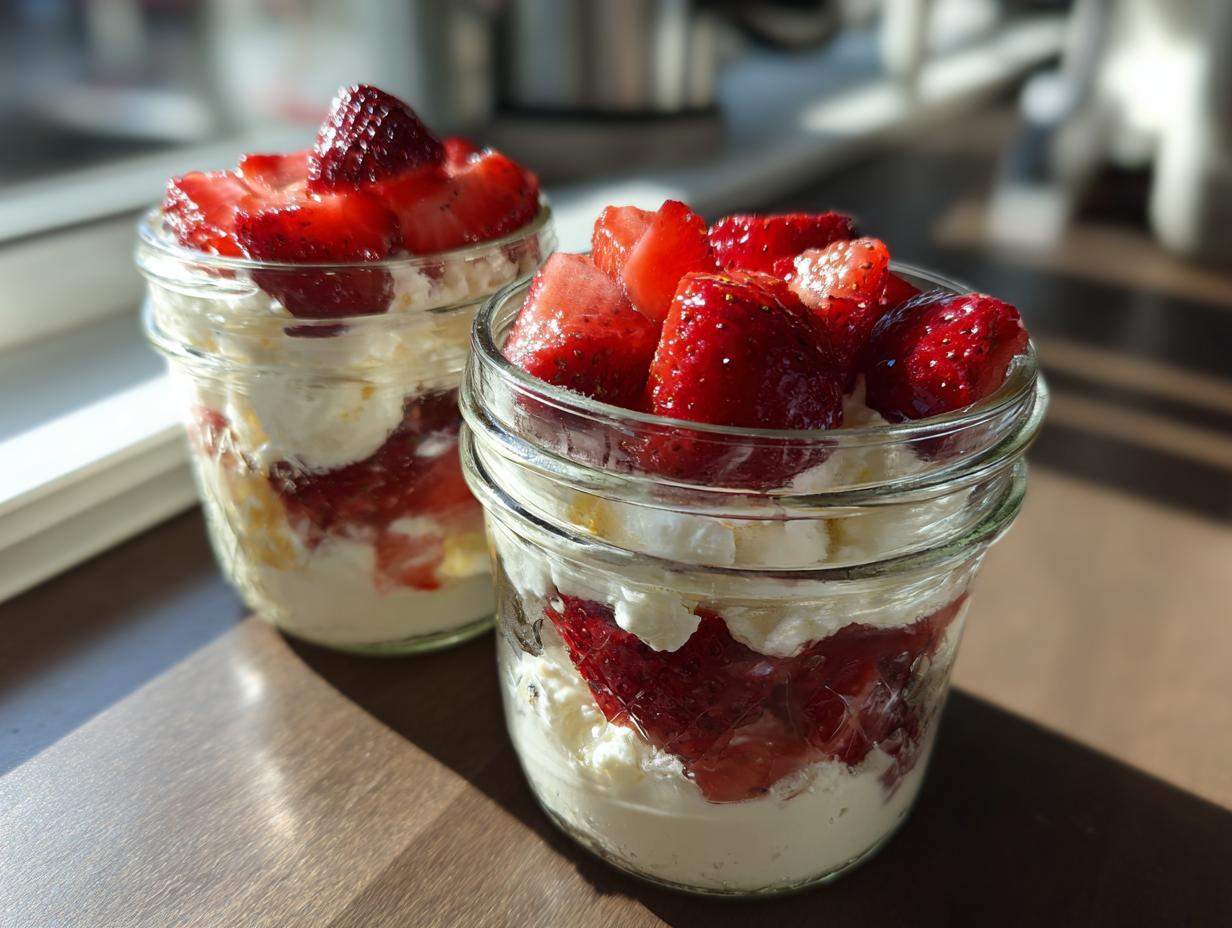 Two glass jars filled with layered cottage cheese dessert, strawberries, and cream, ready to eat.