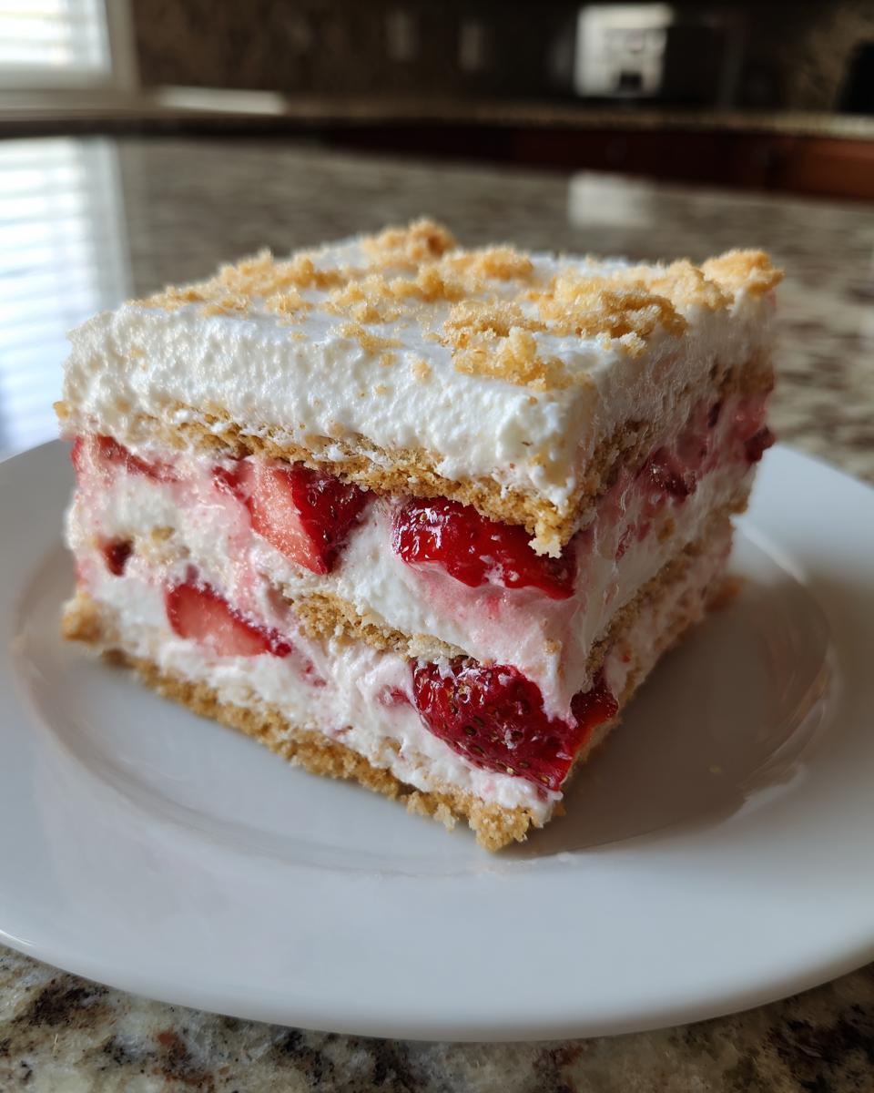A square slice of strawberry dream dessert layered with graham crackers, cream, and fresh strawberries.