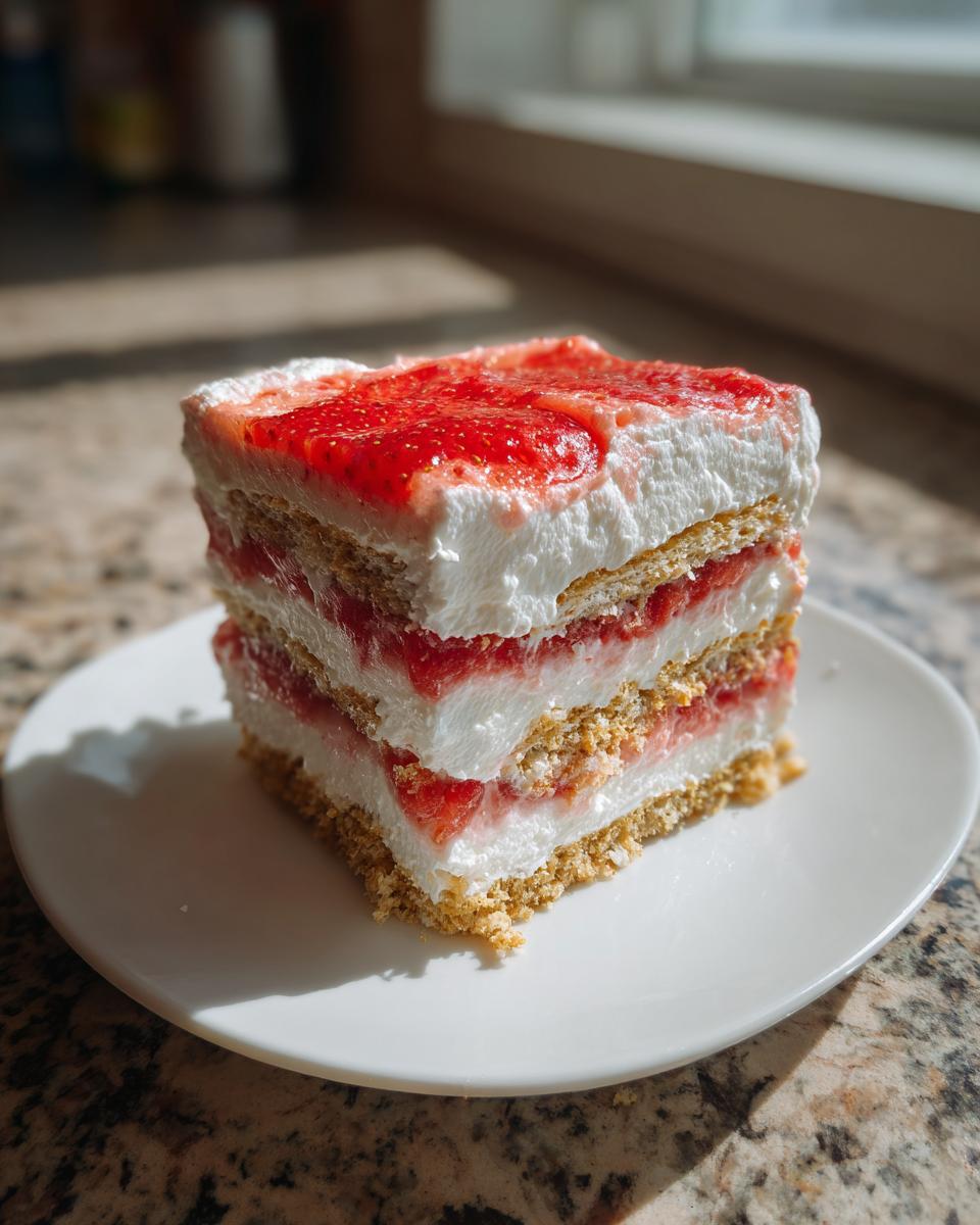 A layered square slice of strawberry dream dessert featuring graham cracker crust, whipped cream, and fresh strawberries.