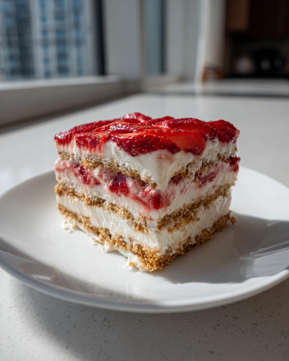 A layered square slice of strawberry dream dessert featuring graham cracker crust, cream filling, and fresh strawberries.