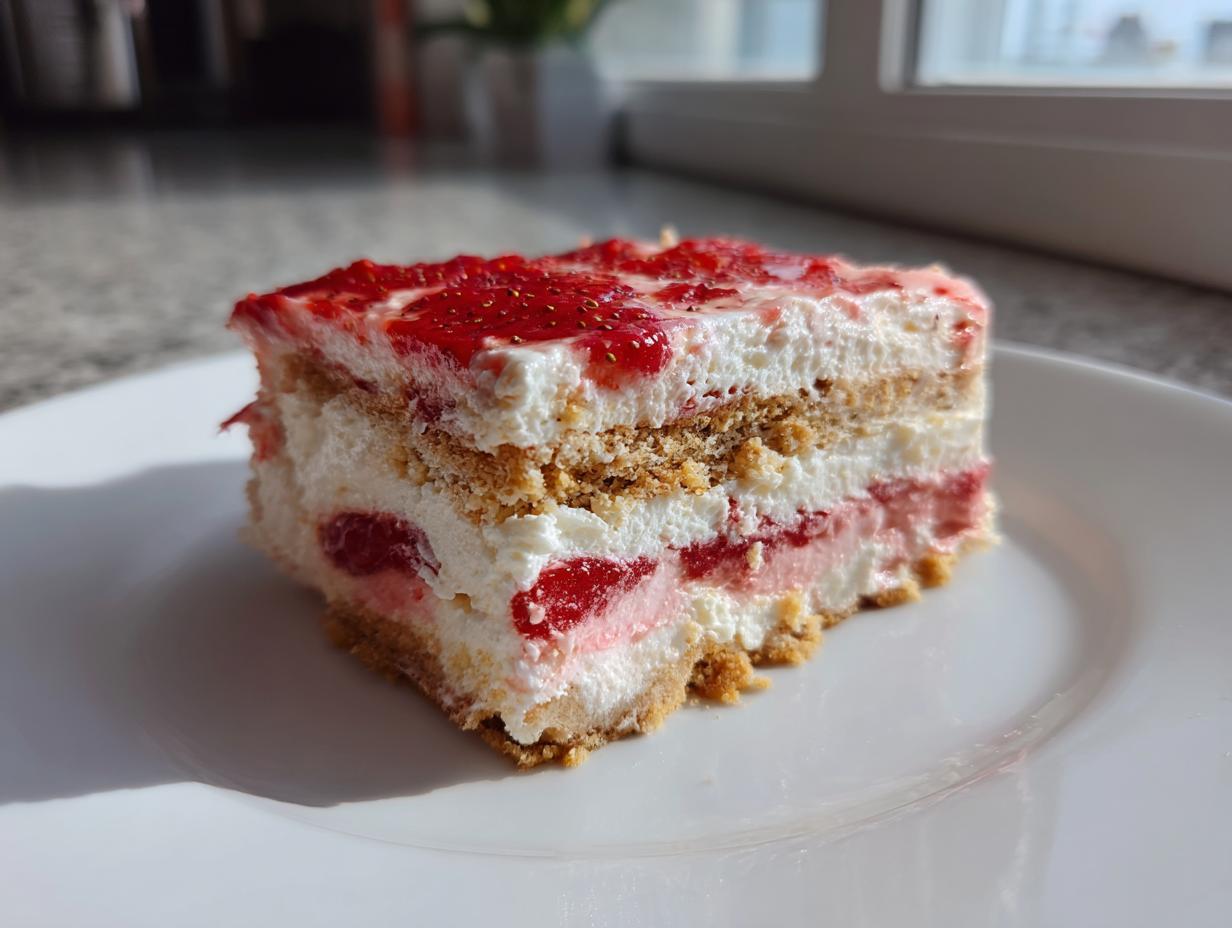 A perfect slice of strawberry dream dessert showing layers of cream, strawberries, and biscuit base on a white plate.