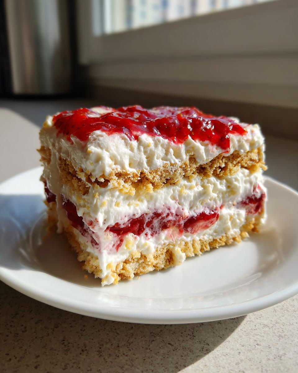 A close-up slice of strawberry dream dessert featuring layers of cream, biscuits, and strawberries, topped with strawberry jam.