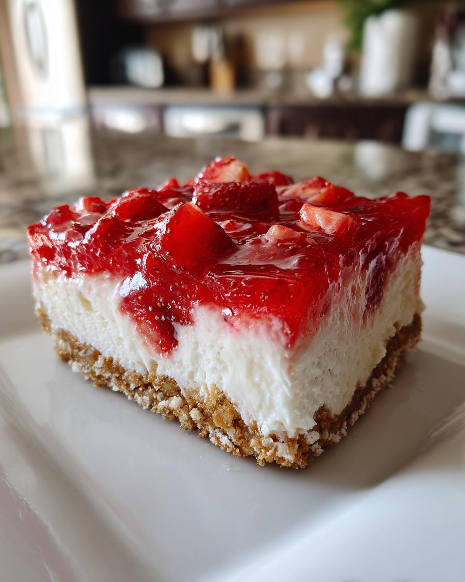 Close-up of a square slice of strawberry pretzel salad showing the pretzel crust, cream cheese layer, and strawberry topping.