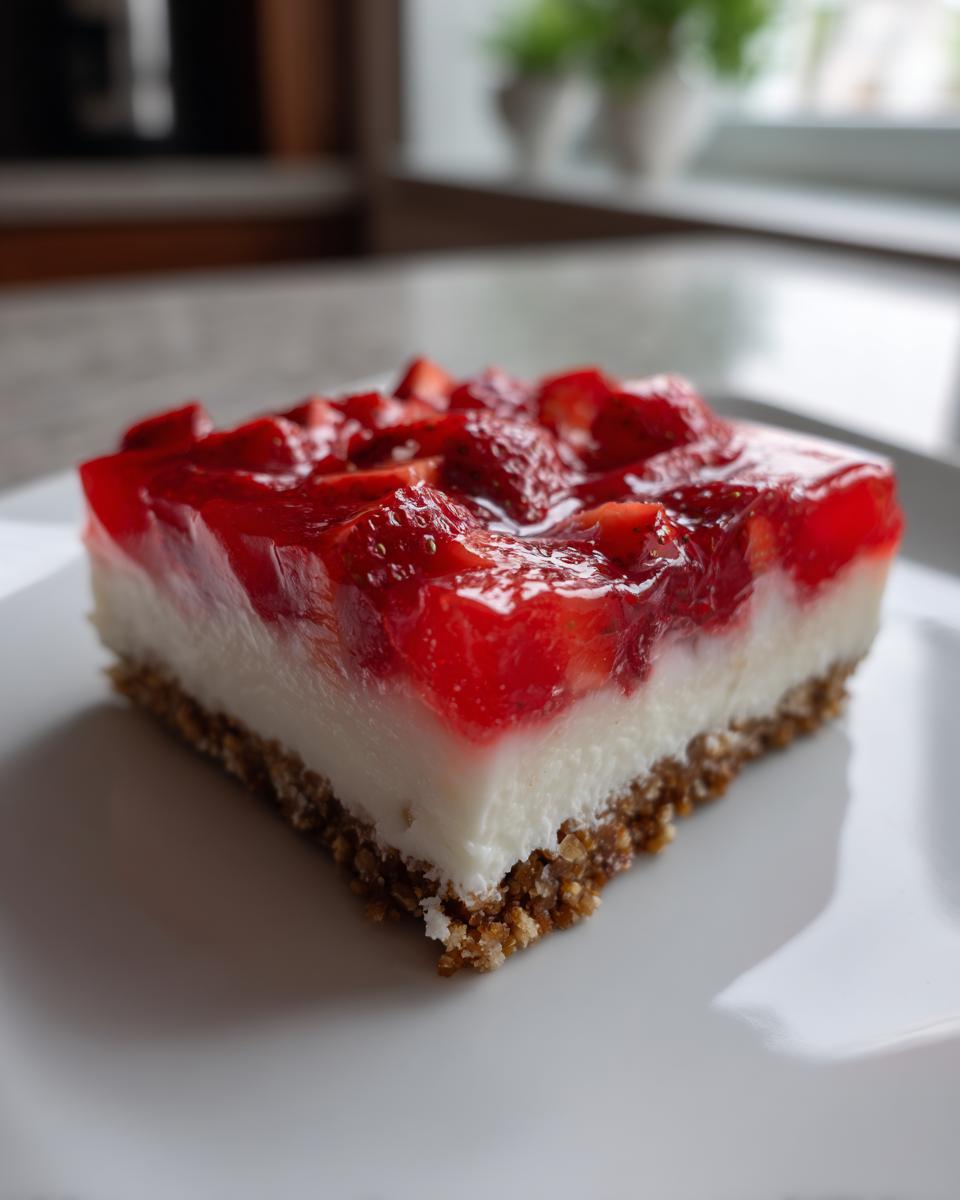 A close-up of a square slice of strawberry pretzel salad showing the pretzel crust, cream cheese layer, and strawberry gelatin topping.