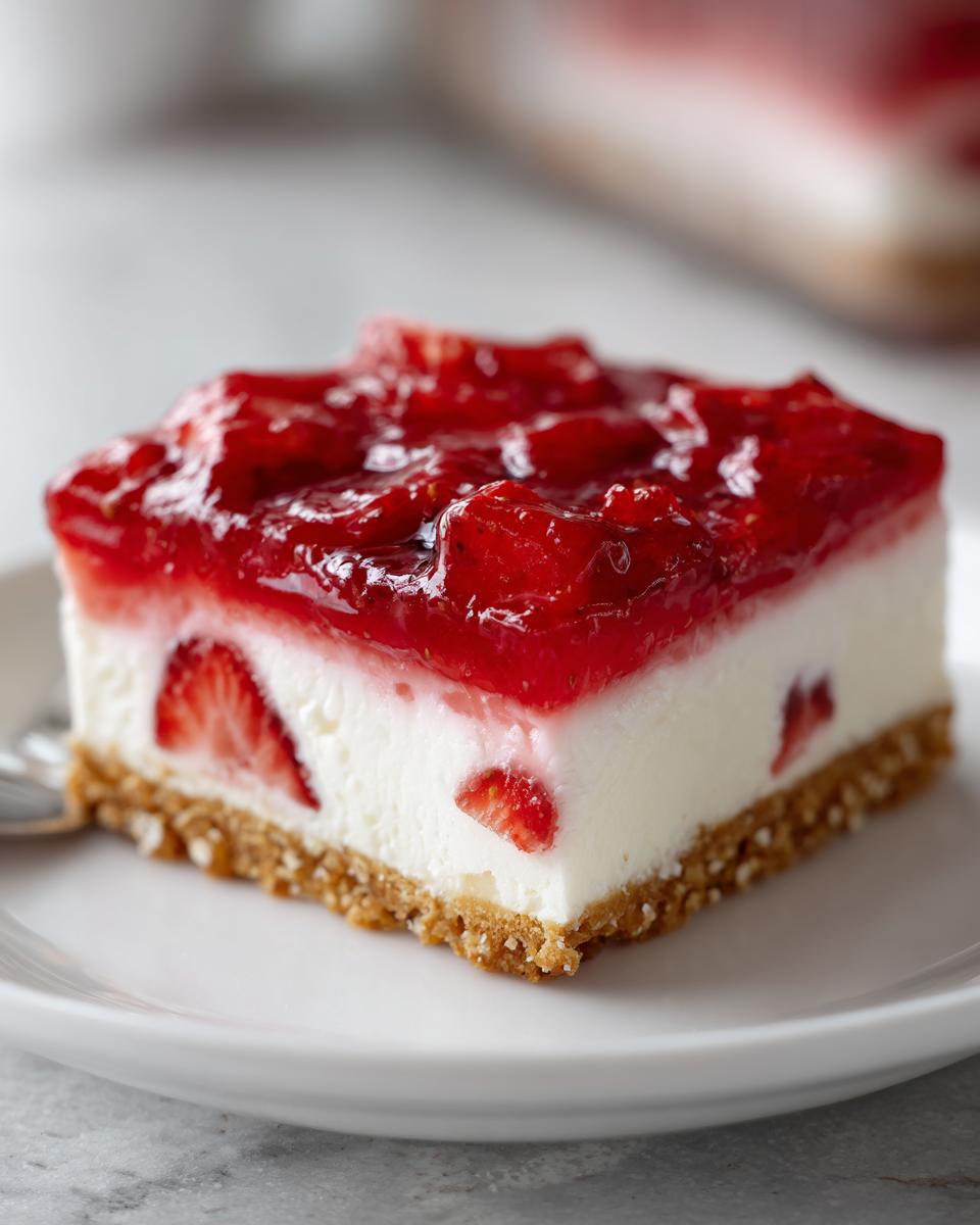 Close-up of a square slice of strawberry pretzel salad showing the pretzel crust, cream cheese layer with strawberries, and bright red strawberry topping.