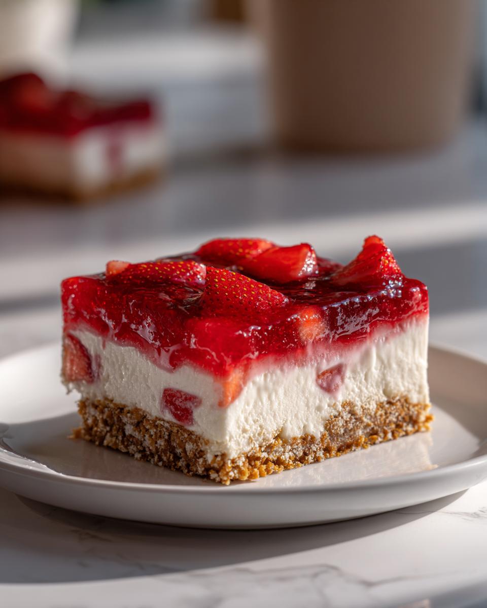 Close-up of a perfect slice of strawberry pretzel salad showing a thick crust, creamy layer, and bright strawberry topping.
