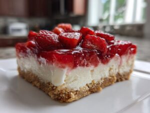 Close-up of a square slice of strawberry pretzel salad showing the pretzel crust, cream cheese layer, and strawberry topping.