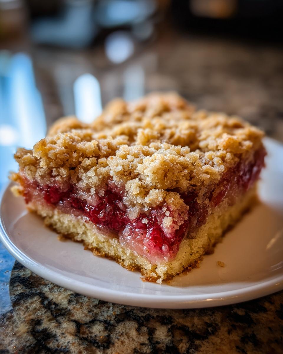 Close-up of a square slice of Strawberry Rhubarb Buckle with Ginger Crumb on a white plate.