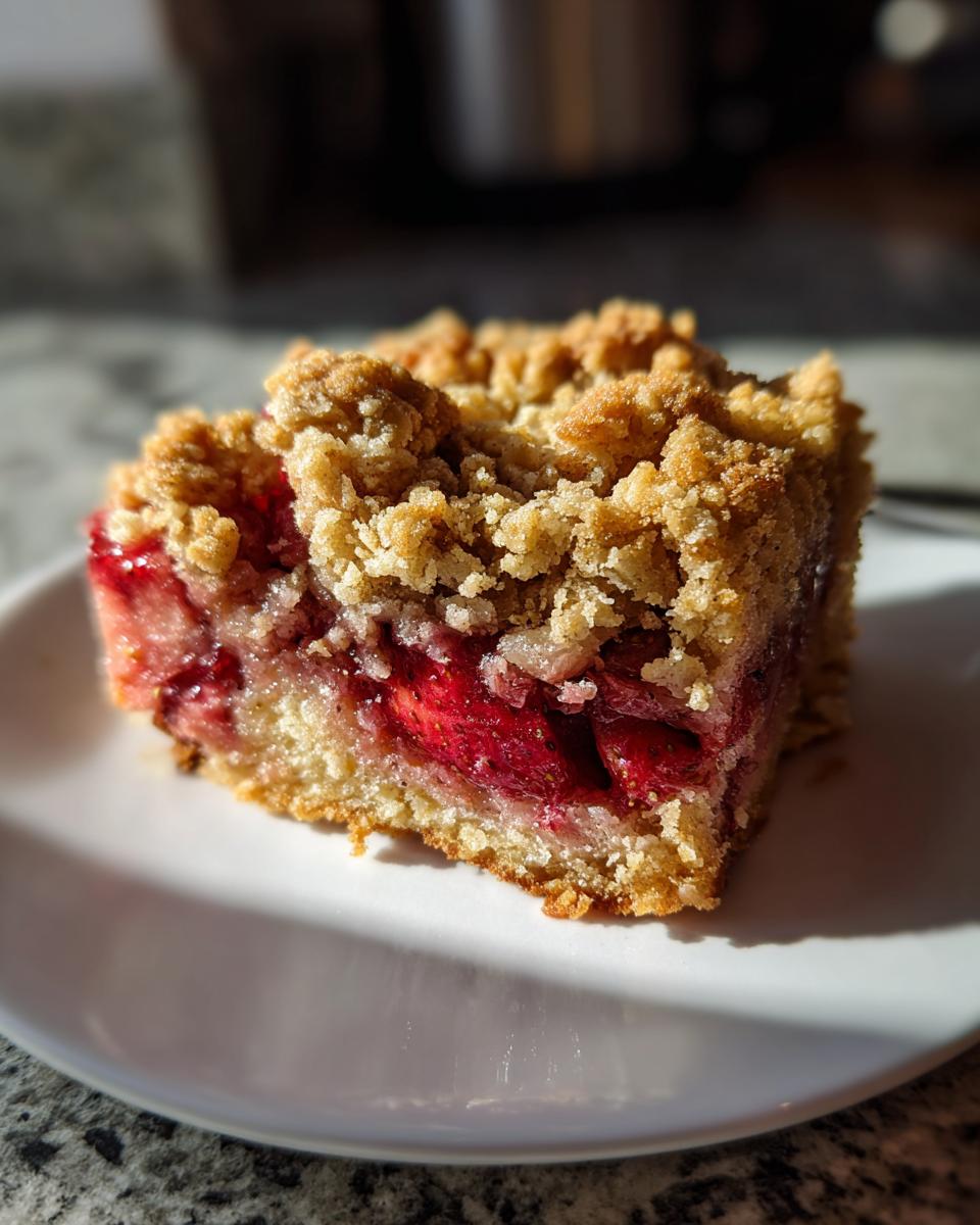 A square slice of Strawberry Rhubarb Buckle with Ginger Crumb topping on a white plate.