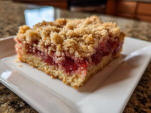 Close-up of a square slice of Strawberry Rhubarb Buckle with Ginger Crumb topping on a white plate.