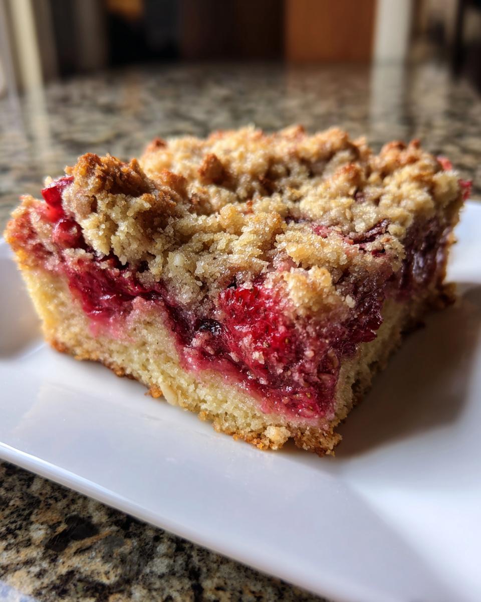 Close-up of a square slice of Strawberry Rhubarb Buckle with Ginger Crumb topping on a white plate.