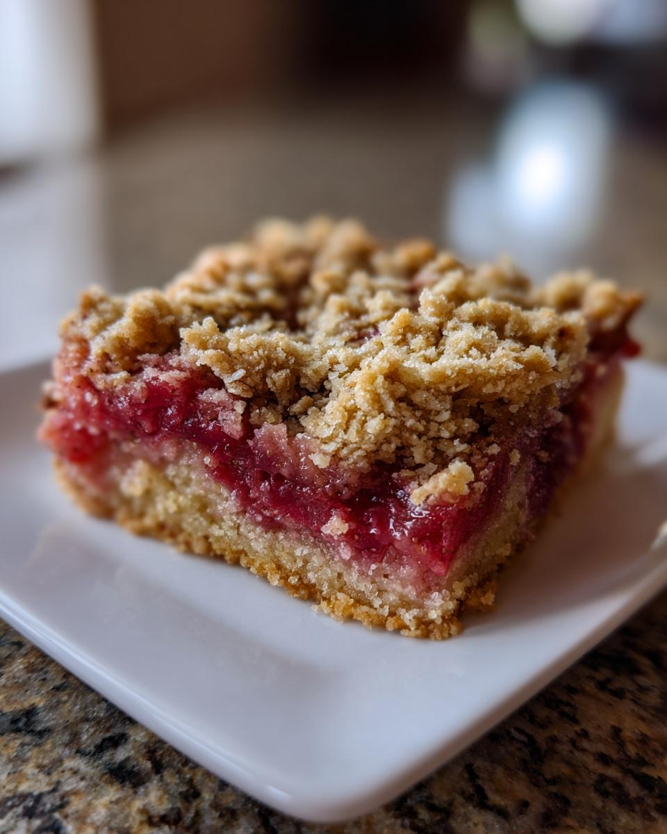 Close-up of a square slice of Strawberry Rhubarb Buckle with Ginger Crumb topping on a white plate.