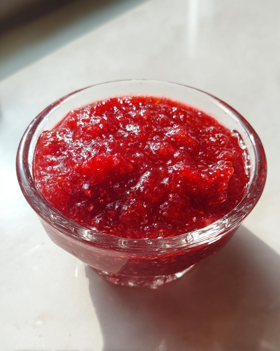 Close-up of vibrant, chunky Strawberry Rhubarb Pineapple Jam served in a small, clear glass bowl.
