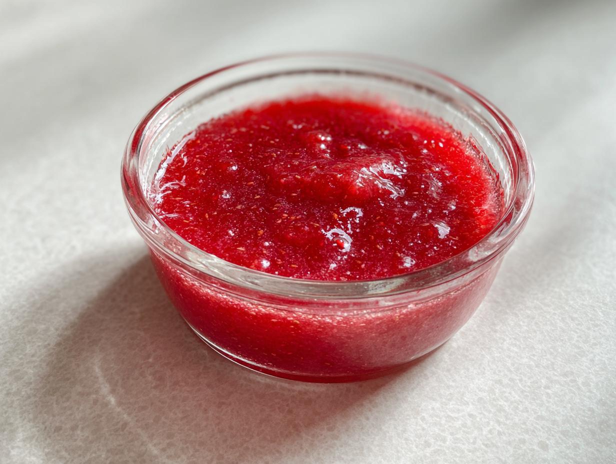 Close-up of vibrant red Strawberry Rhubarb Pineapple Jam served in a small, clear glass bowl.