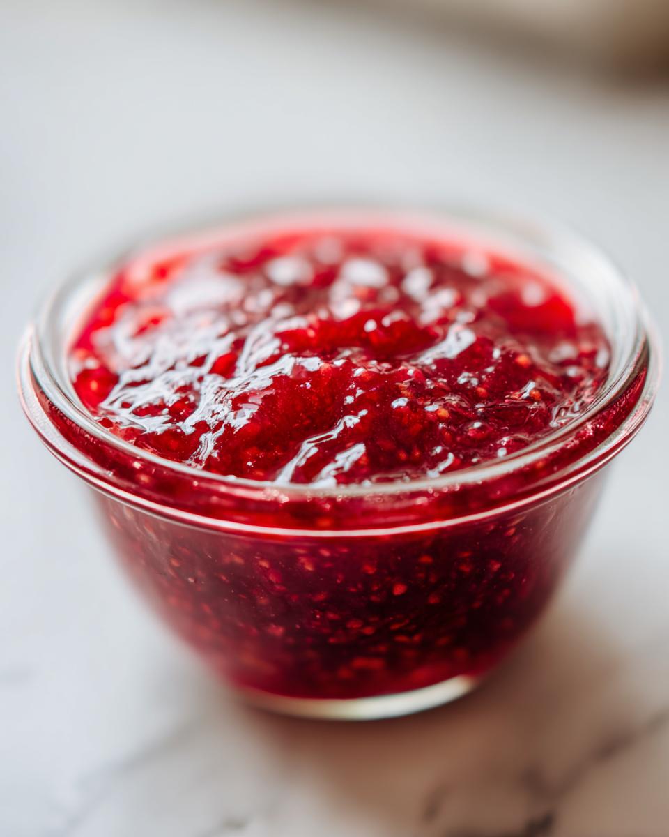 A close-up, vibrant shot of thick, glistening Strawberry Rhubarb Pineapple Jam in a small glass bowl.