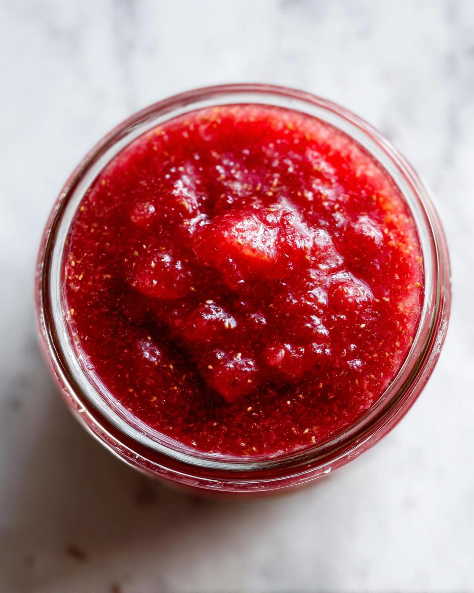 Overhead view of a glass jar filled with bright red Strawberry Rhubarb Pineapple Jam, showing texture and seeds.