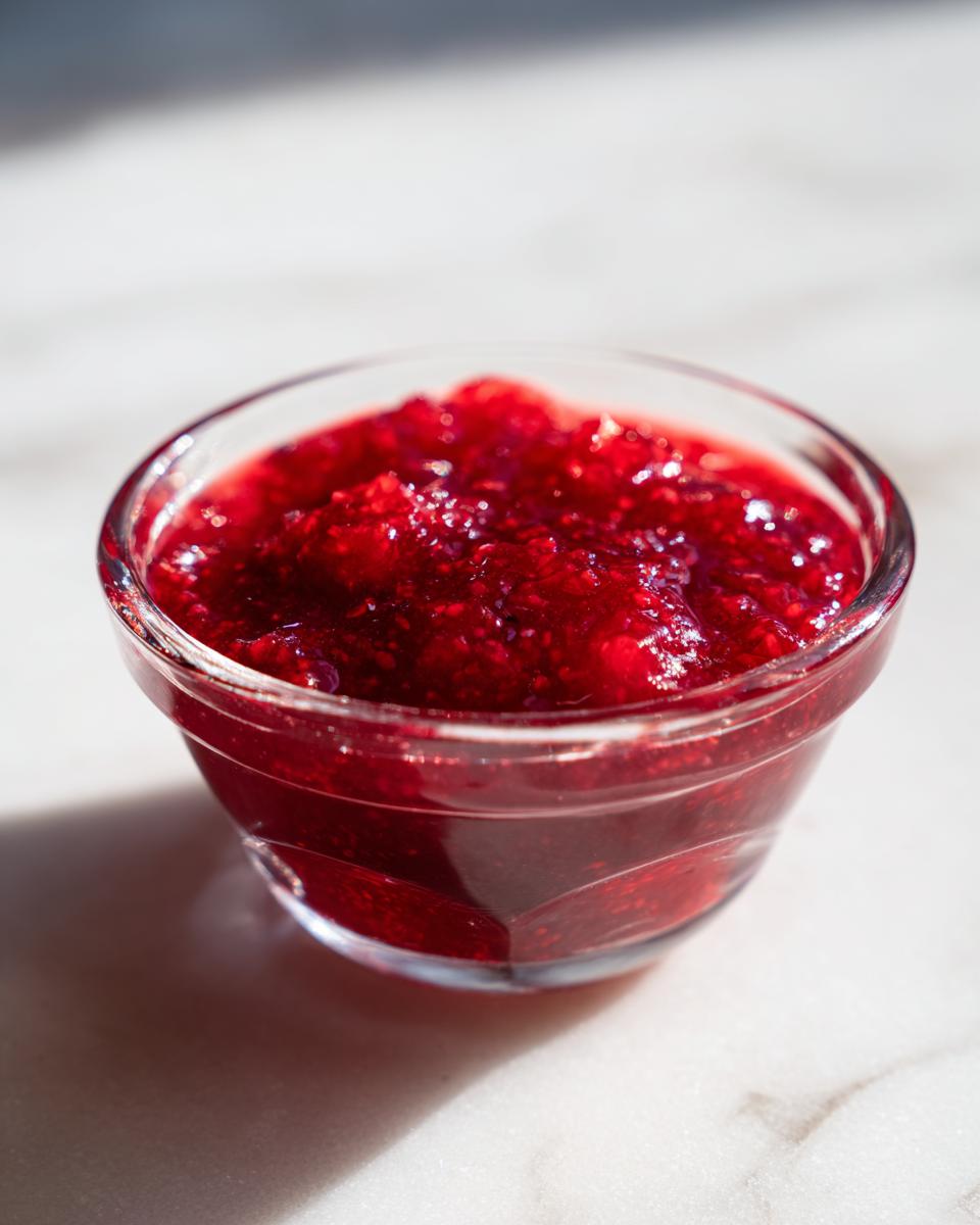 Close-up of bright red Strawberry Rhubarb Pineapple Jam served in a small clear glass bowl.