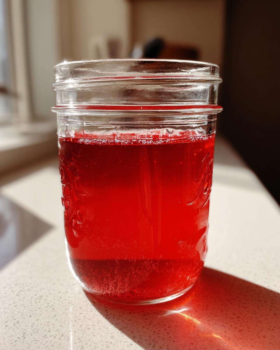 A glass Mason jar filled with vibrant, deep red Strawberry Rhubarb Soda Syrup, catching bright sunlight.