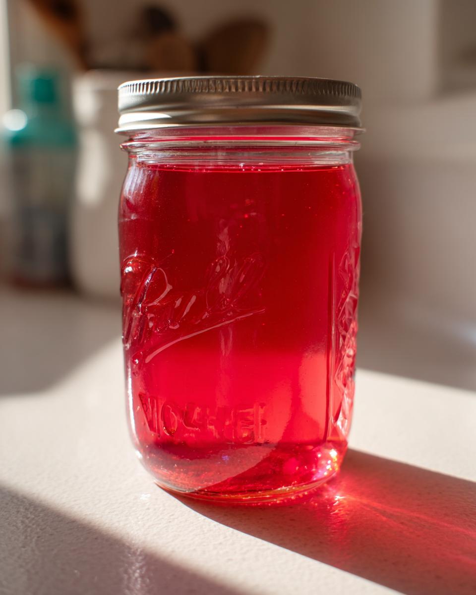 A glass Mason jar filled with vibrant, ruby-red Strawberry Rhubarb Soda Syrup, sealed with a metal lid.