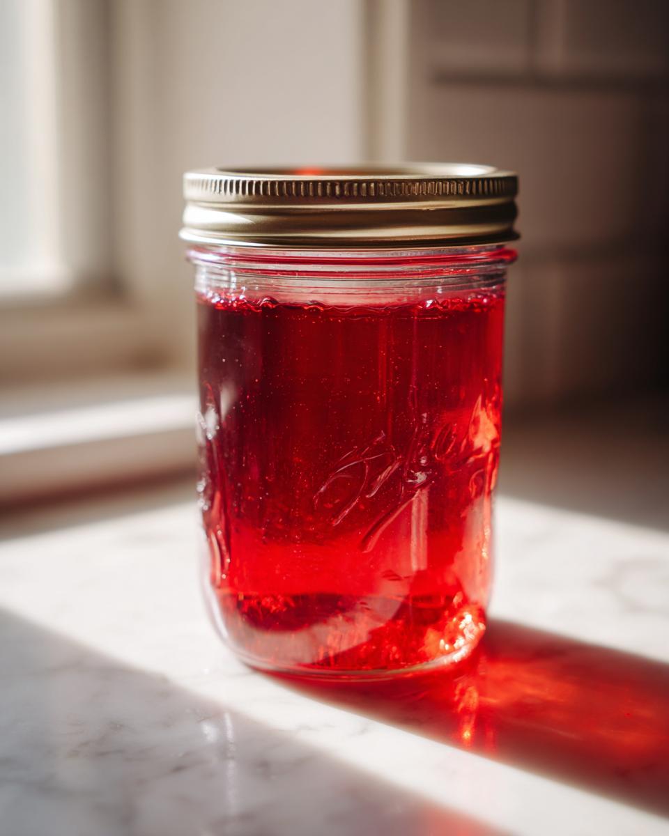 A glass mason jar filled with bright red Strawberry Rhubarb Soda Syrup, sitting on a sunlit marble counter.